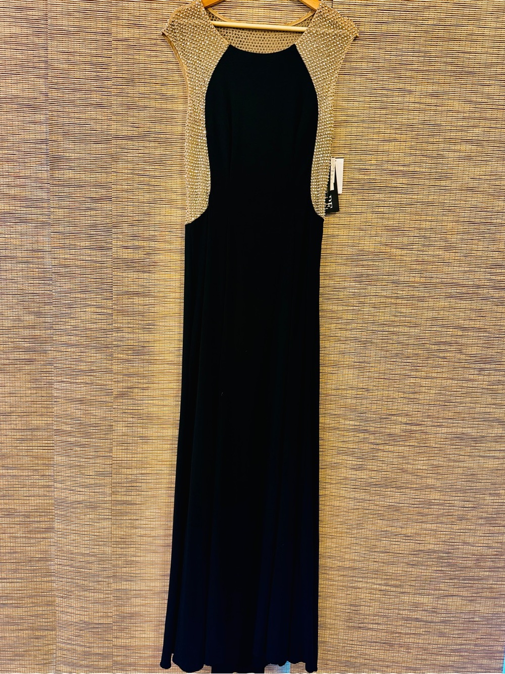 Xscape Black Maxi Dress with Gold Beaded Shoulders